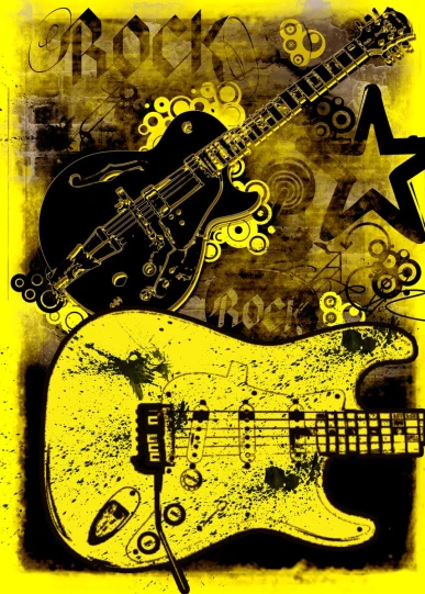 the painting is yellow and black with some different guitar