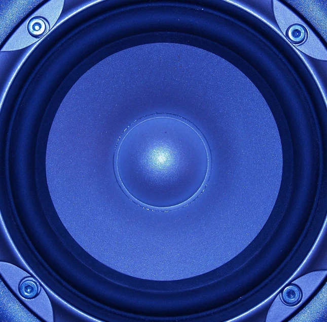 the center piece of a speaker in blue