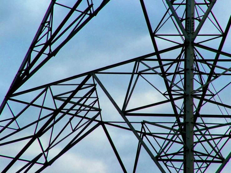 a sky view looking up through power lines