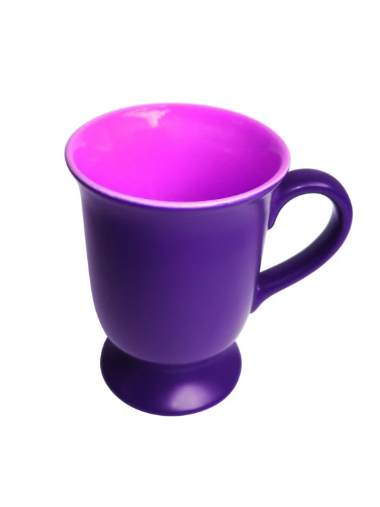 a purple coffee mug sits on a white background