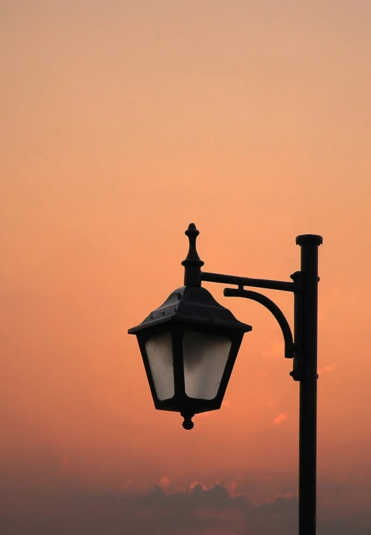 a lamp post with street lights and birds in the distance