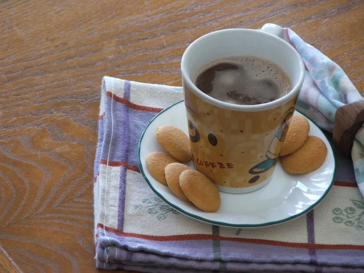 a cup and saucer with some coffee on a wooden table