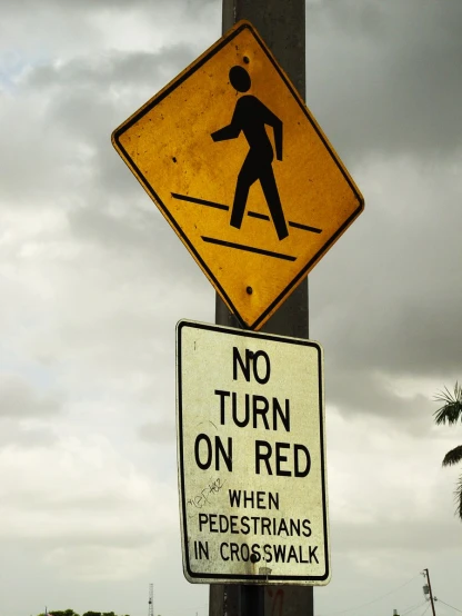 a no turn on red sign and pedestrian crossing sign