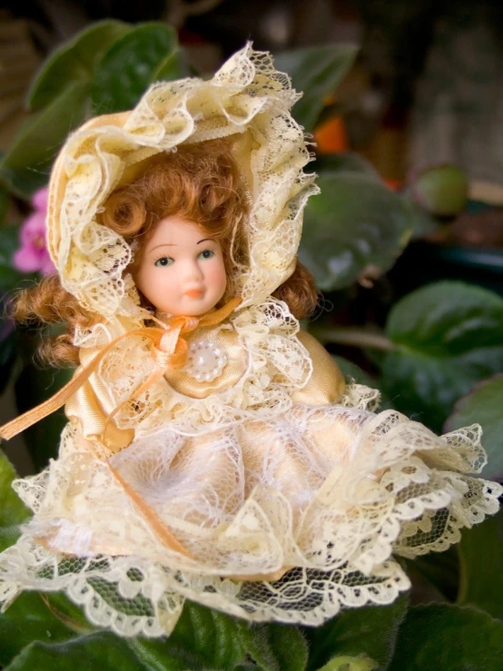 an antique doll sits on a lush green bush