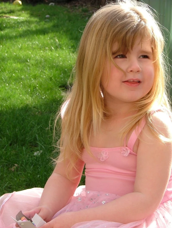 girl in pink dress sitting on ground next to grass