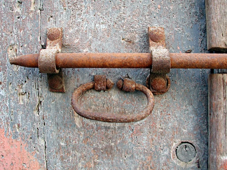 old rusty metal handle on an old wooden door