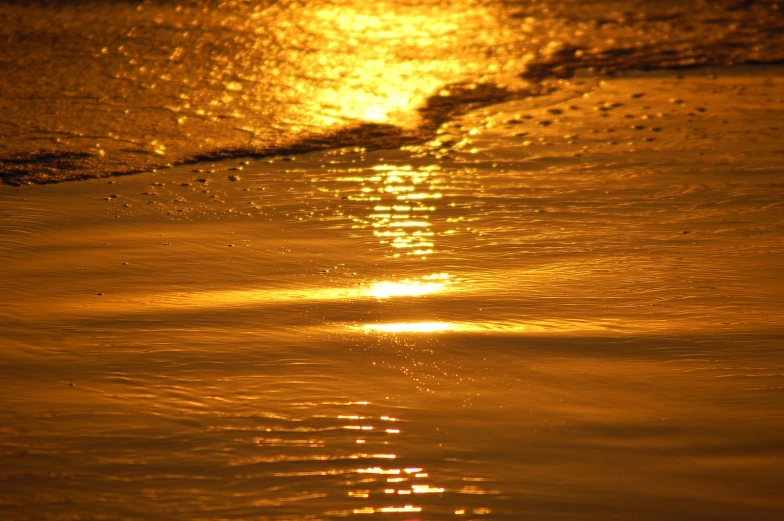 the view of a golden sun reflecting on water