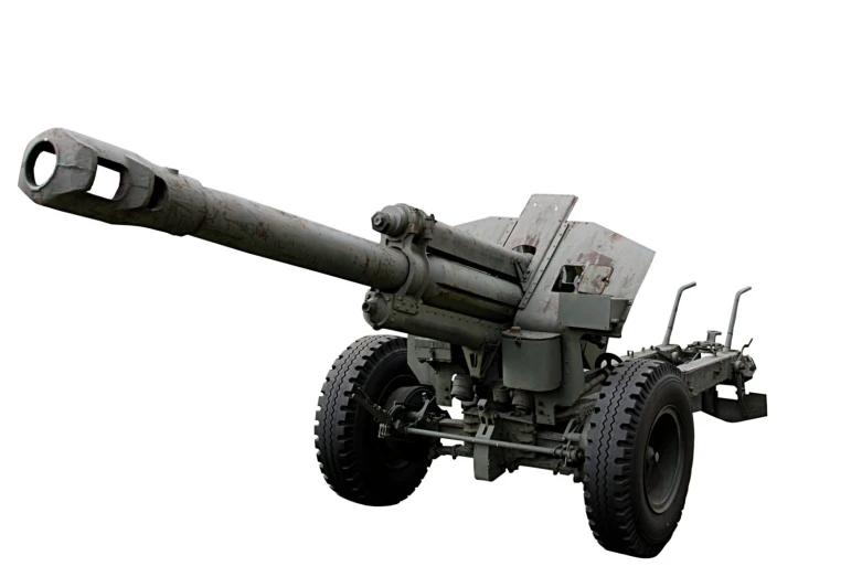 a large black gun with two large wheels on it