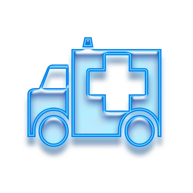 a medical truck icon is shown in a blue neon outline