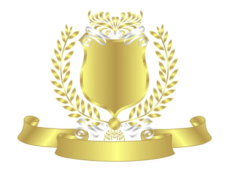 a golden crest with two laurels and a ribbon around it