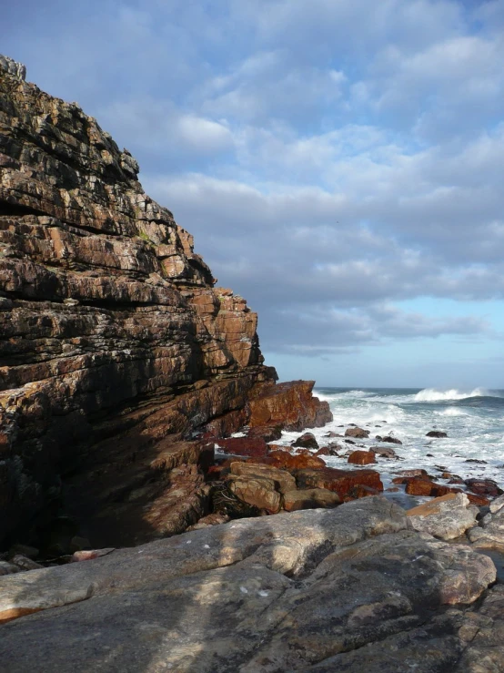 this is a very pretty rocky coast with blue skies