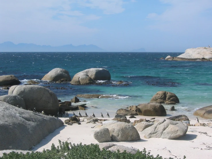 some rocks are near the water and sand