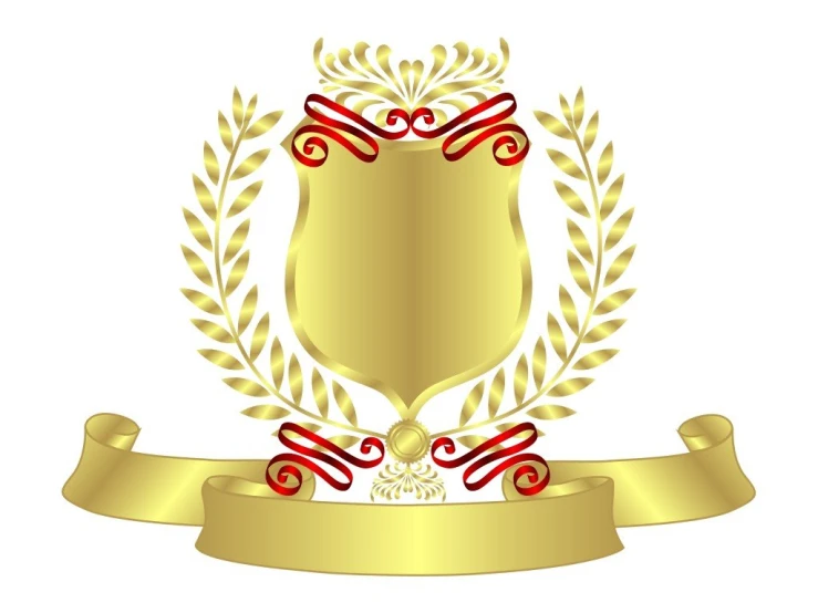 a gold shield with red ribbon and wreath