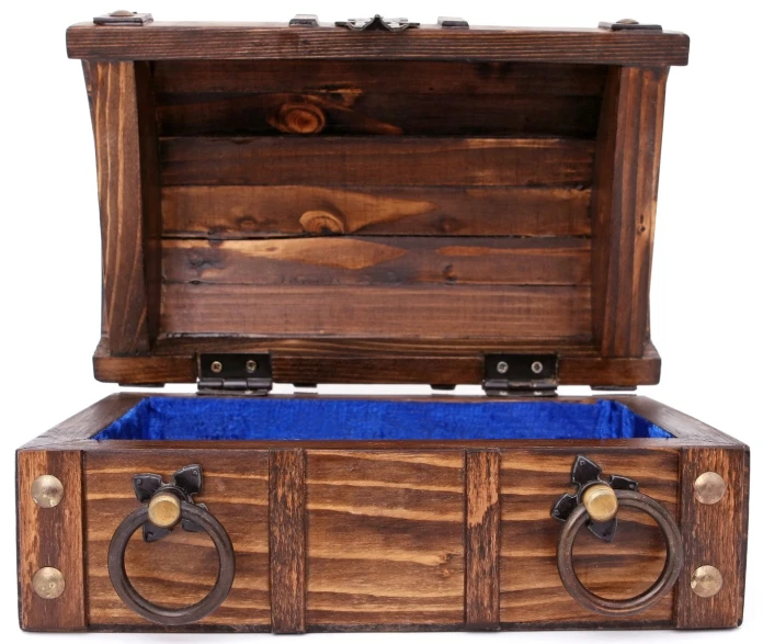 an open wooden trunk containing drawers and doors