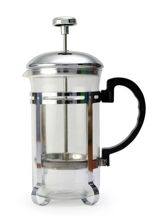 a silver and black coffeemaker with its glass cup