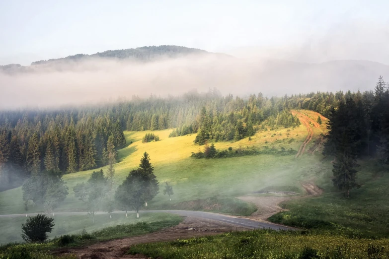 a foggy day on a road in a mountainous area