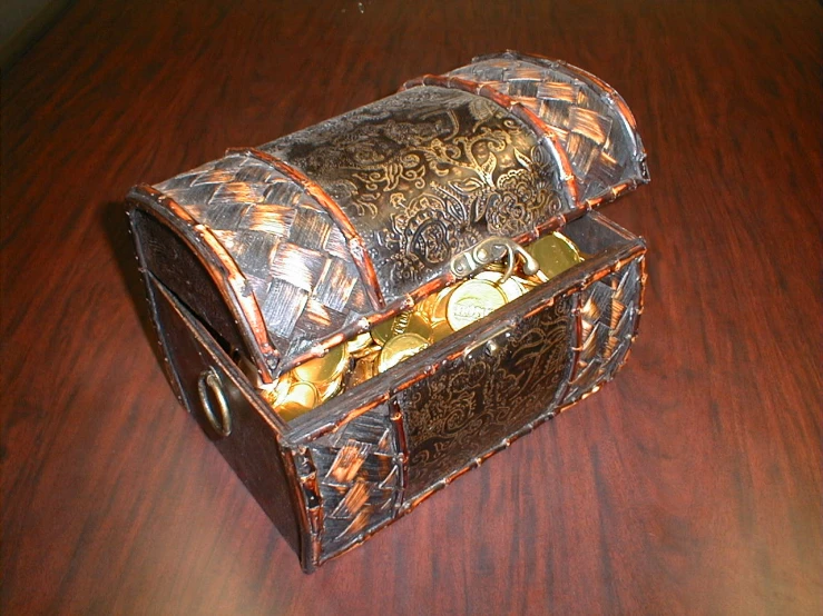 a wooden chest filled with gold coins