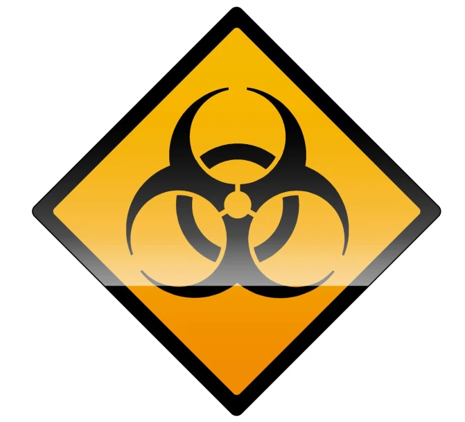 a yellow and black warning sign with a bio hazard symbol