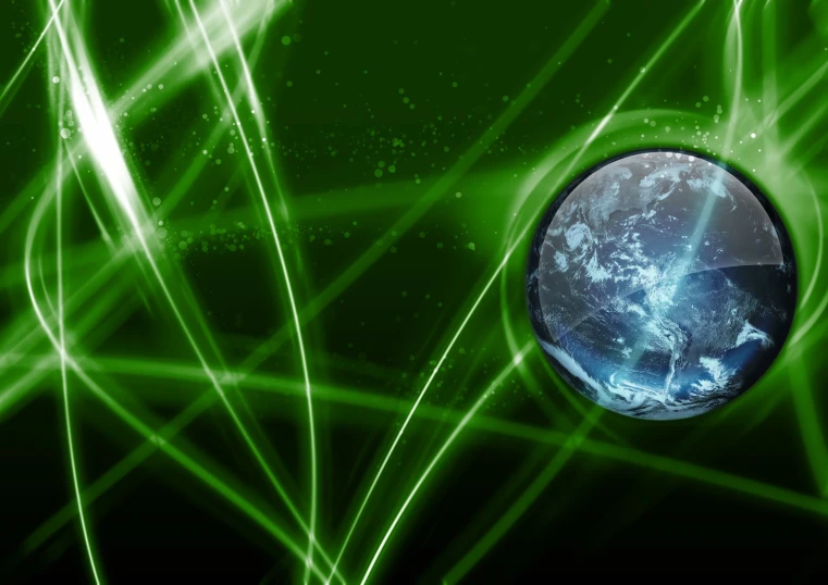 a green and blue computer generated world with green lines on black background