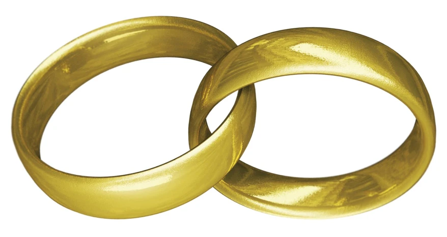 two gold wedding rings are shown, one is curved in the middle