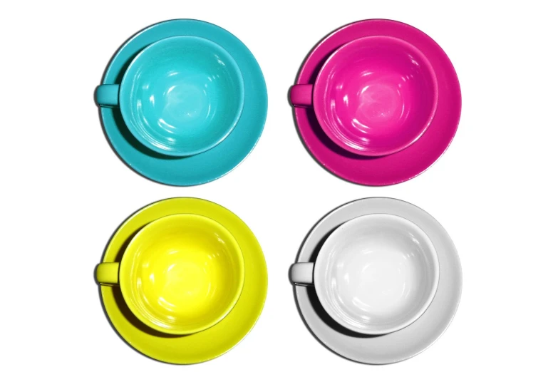 three bowls, one with two different colored plates