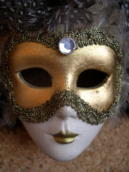 a carnival mask with jewels on it is wearing a black and white fur