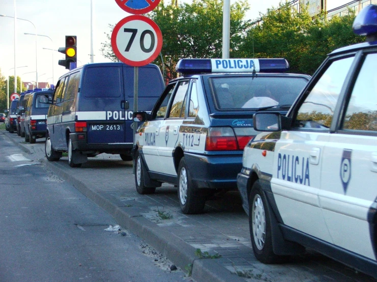 several police cars lined up on the side of the road