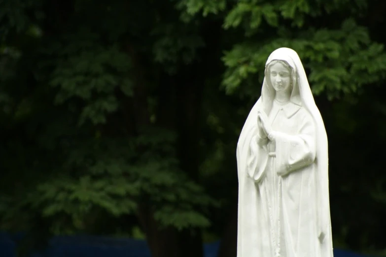 statue of lady mary in the midst of green trees