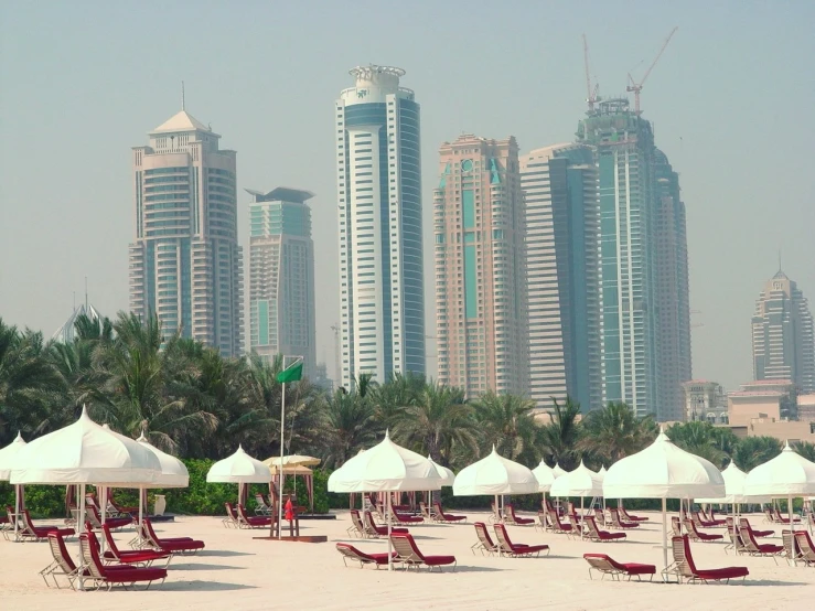 a beach full of lounge chairs with large white umbrellas