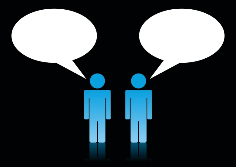 two blue men standing talking to each other with speech bubbles above them