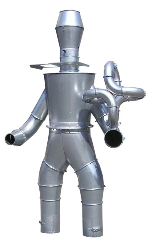 a silver robot with a white background