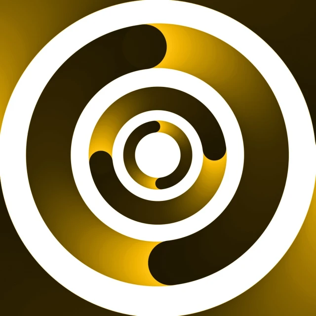 an abstract, white spiral is in the middle of a black and yellow circular
