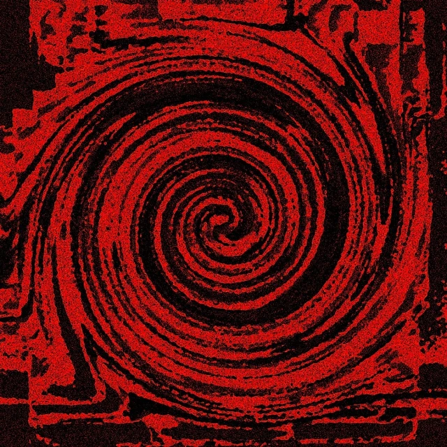 red and black swirls with white writing