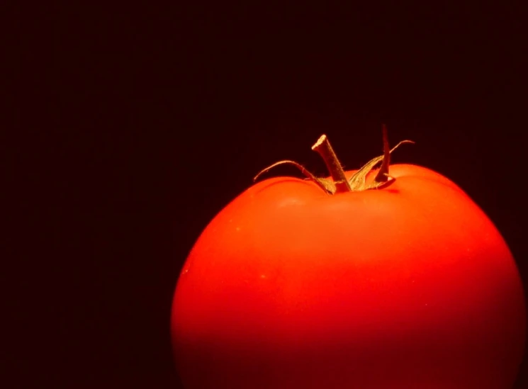 a close - up image of a tomato against a black background