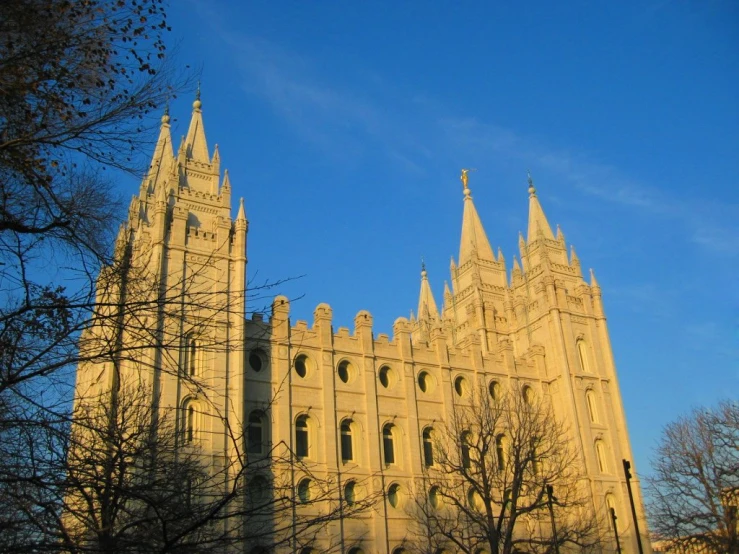 the spires of a building stand tall on a clear day