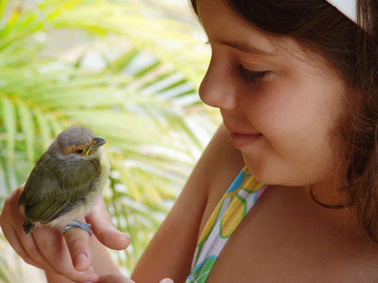  holding small bird inside her hand