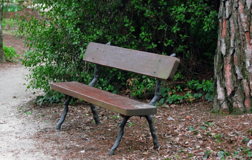 an old park bench with a broken wooden backrest next to a tree