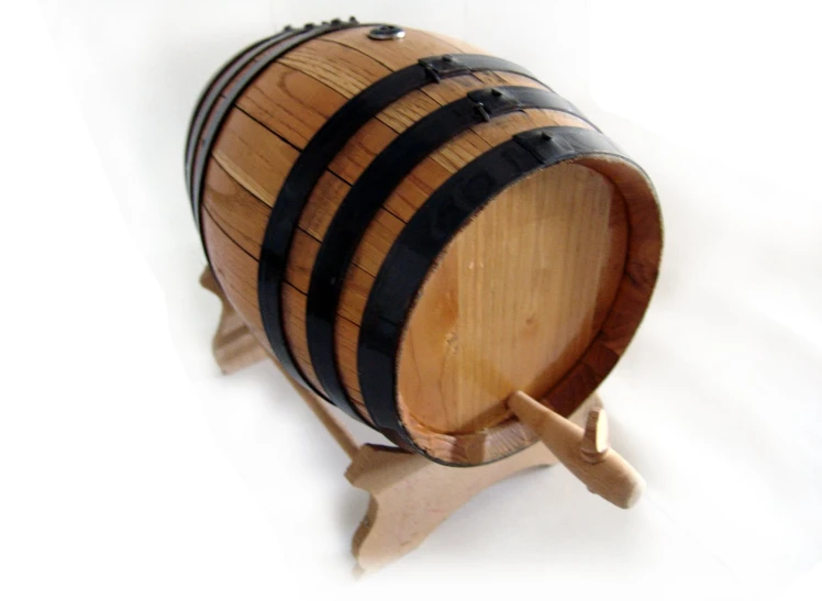 a barrel with wooden accents is on display