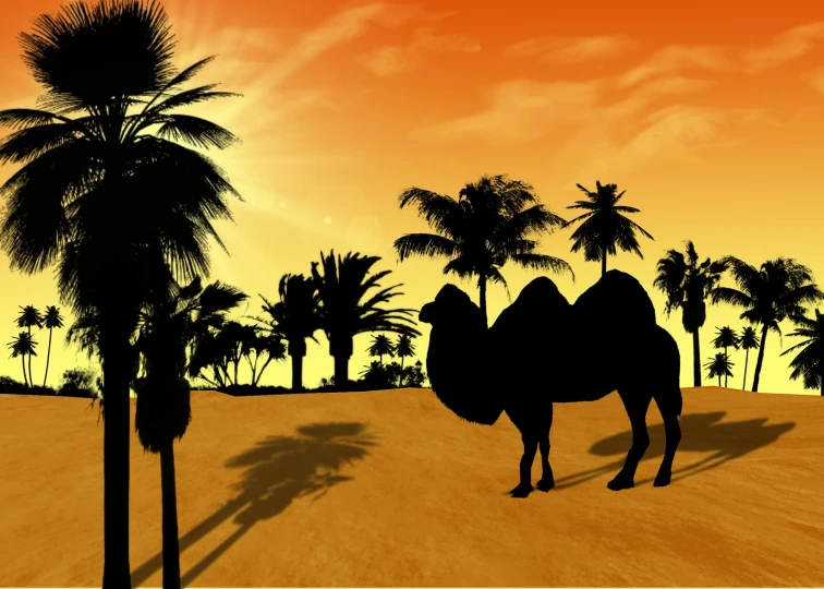 silhouette of camel with palm trees and a desert scene