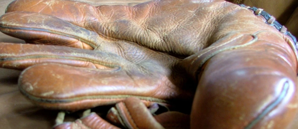 a closeup of the mitts worn by a person who is sitting down