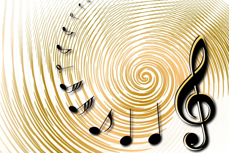 the music note with swirl design on a yellow background