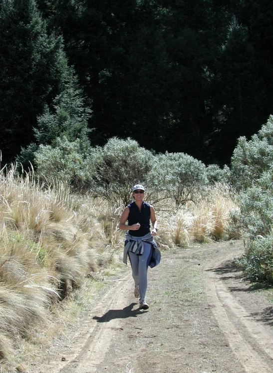 a woman walks down a path near trees