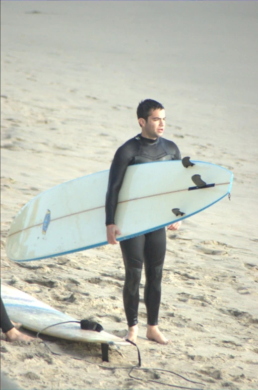 a person in a wet suit standing on the sand with a surfboard