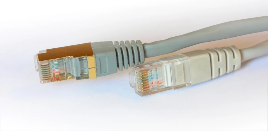 a pair of grey and yellow ethernet cables are shown