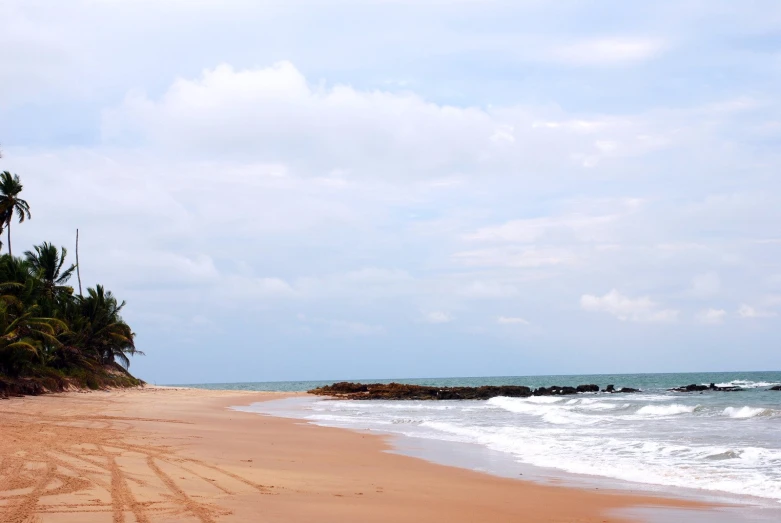 the sandy beach next to a body of water