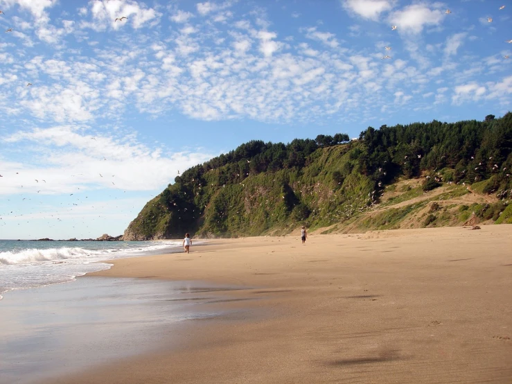 some people are walking on the sand at a beach