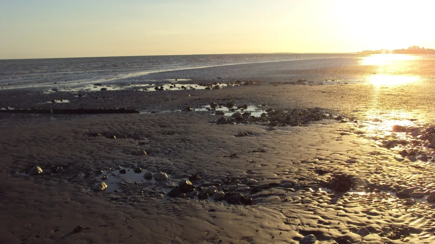 beach and ocean at sunrise with tide splashing in