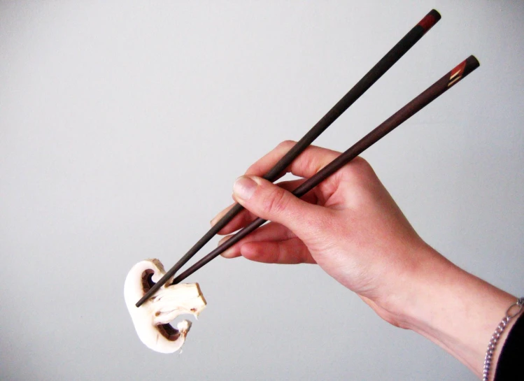 a person holding two chopsticks and some type of object in their hand