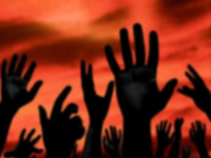 a crowd of people raising their hands up for the sunset