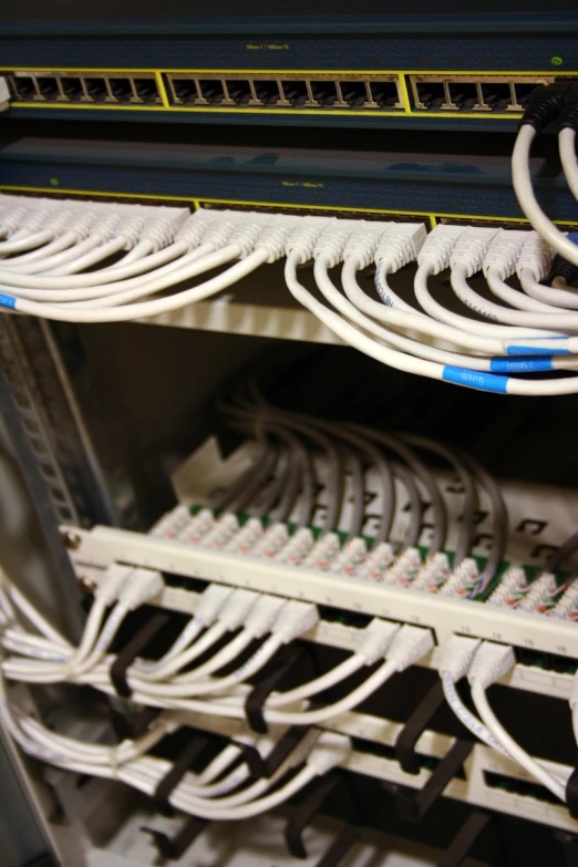 two rows of different colored cable connected to computers